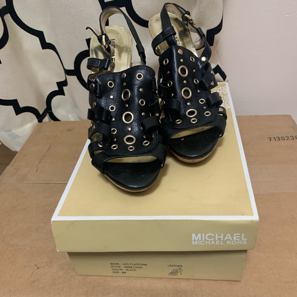 Studded black and gold cork heel Michael Kors sandals